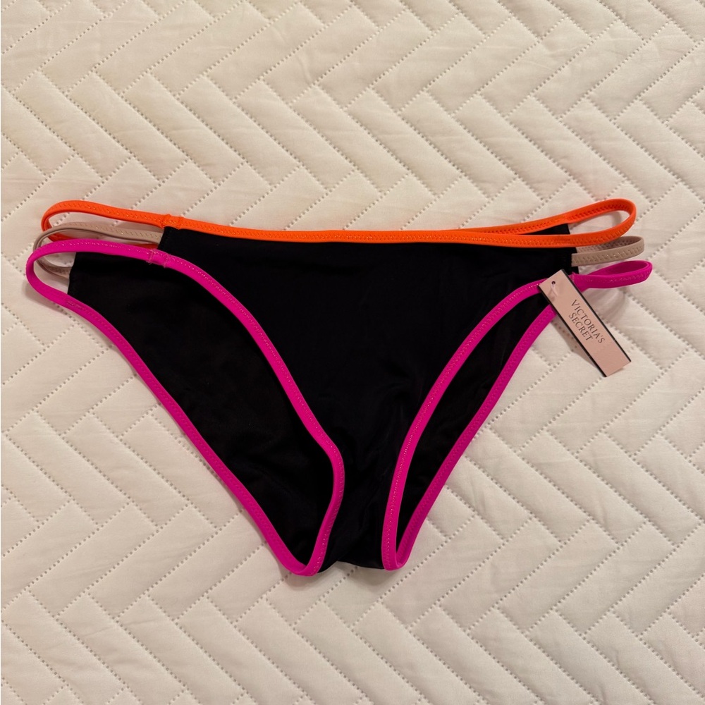 Victoria's Secret Black Bikini Bottom with Pink & Orange Straps. Medium.
